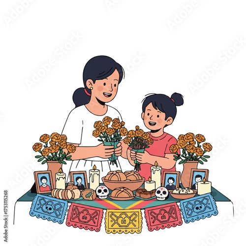 Illustration of a woman and a child holding flowers at a traditional Mexican Day of the Dead altar with colorful decorations and offerings on a white background.