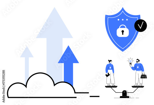 Cloud graphic with upward arrows, shield with lock, two professionals collaborating on balance beam. Ideal for cloud computing, security, teamwork, innovation, growth, protection simple flat