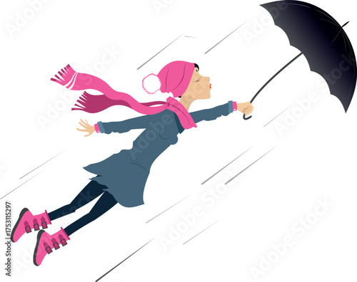 Young woman, umbrella and windy day. 
A young woman in warm clothes with an umbrella flies caught with a strong wind. Isolated on white background
