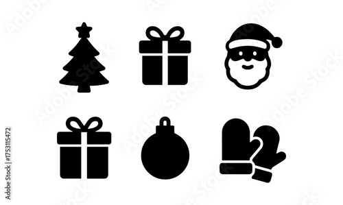Classic holiday icons collection featuring christmas tree, gifts, santa claus, ornament, and mittens