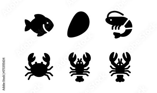 Black silhouette icons of aquatic seafood: fish, mussel, shrimp, crab, lobster