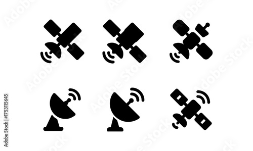 Satellite and antenna icons: simple black silhouette set for communication design
