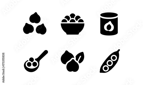 Pea icons collection: black silhouettes of pods, bowls, and spoons