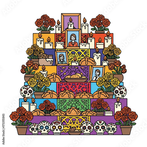 Vibrant Day of the Dead altar with colorful flowers, candles, photographs, and offerings on multiple tiers against a white background.