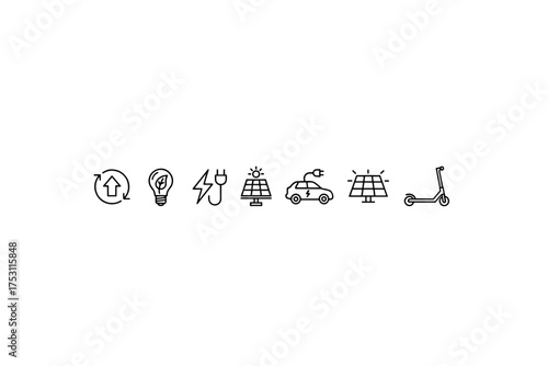 Renewable energy icons set with solar panels, electric car charging, eco light bulb, energy recycling, electric scooter, sustainable power and green technology symbols