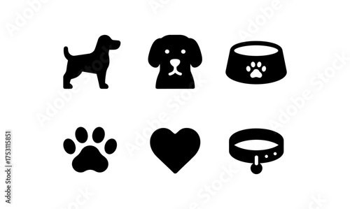 Minimalist pet icon set featuring dog, collar, paw print, heart, and bowl designs