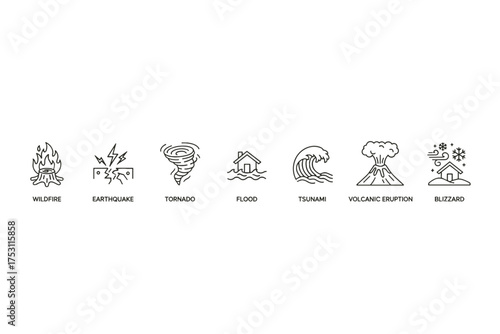 Natural disaster icons set including wildfire, earthquake, tornado, flood, tsunami, volcanic eruption, blizzard. Line style vector symbols representing severe weather and environmental hazards