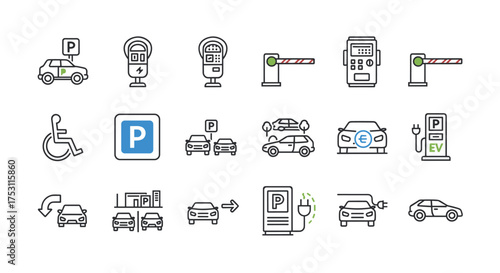 Parking icons set with electric vehicle charging, disabled parking, payment meters, barrier gates, and car symbols, modern outline vector collection for transport and urban design