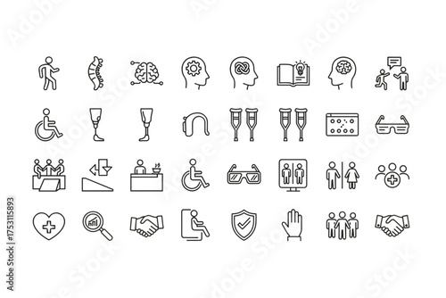 Inclusive disability icons set with prosthetic legs, crutches, wheelchair users, accessible symbols, health and medical care, rehabilitation support, communication, and safety concepts vector