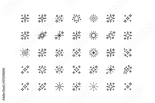 Set of 32 Sparkle Icons, Starburst and Shine Vector Symbols, Bright Light Effects, Glitter and Glow Elements for Design, Decoration, and UI
