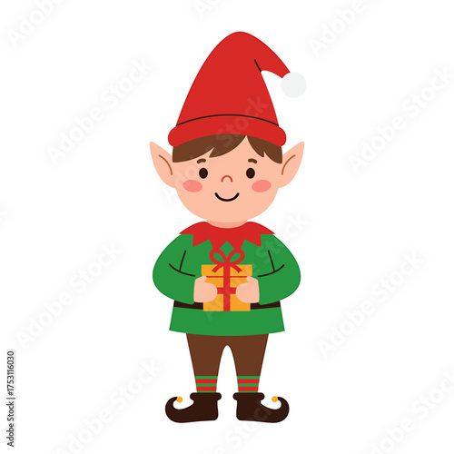 Festive Elf with Gift: A cheerful Christmas elf, donned in a vibrant green tunic and red hat, holds a beautifully wrapped gift, embodying the spirit of giving and holiday joy.