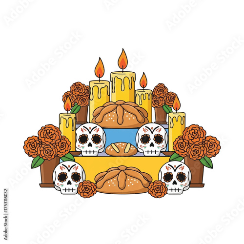 Illustration of a Day of the Dead altar with candles, bread, and sugar skulls surrounded by marigolds on a white background.