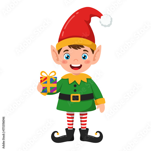 Holiday Elf Illustration: A cheerful, cartoon-style holiday elf holds a vibrantly wrapped present, symbolizing the spirit of giving and festive joy.