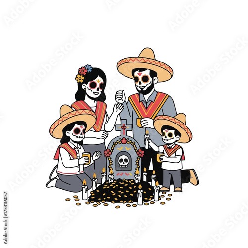 Illustration of a Latin American family with sugar skull makeup celebrating Day of the Dead with an altar and marigold petals on a white background.