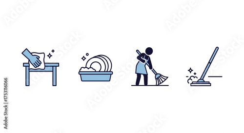 House cleaning and hygiene vector icons set, hand wiping table, washing dishes in soapy water basin, person sweeping floor with broom, vacuum cleaner cleaning sparkling dust, household chores symbols