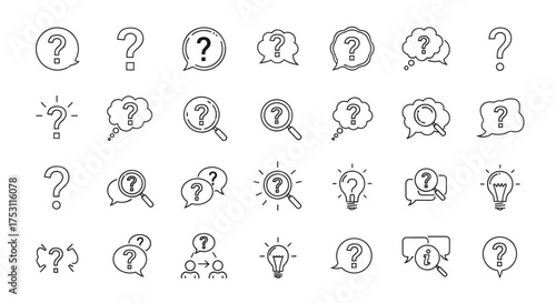 Question mark icons set with magnifying glass search inquiry, light bulb idea, thought bubbles, communication, problem solving, FAQ, information, and curiosity concept linear vector illustrations