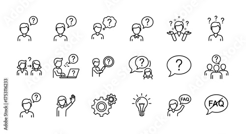 Set of vector line icons with question mark symbols, confused people, FAQ sign, thinking and searching concept, problem solving, help and support symbols, user assistance and knowledge base