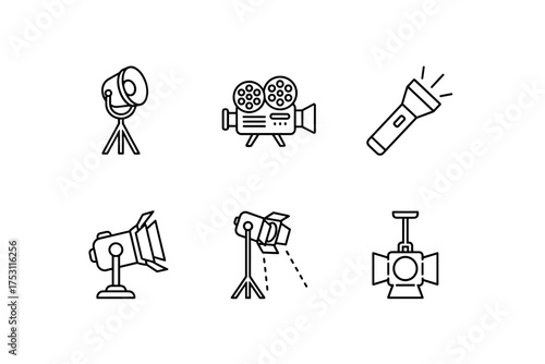 Vector set of movie production equipment icons including film camera, studio spotlight, flashlight, and stage light symbols for cinema and media design