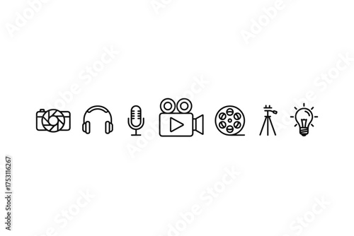 Photography and videography equipment icons set, camera, headphones, microphone, video camera, film reel, tripod, and light bulb illustration, creative media tools line art symbols