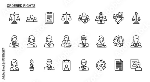 Ordered rights and legal icons set. Vector linear symbols for law, justice, legal documents, lawyers, legal consultations, court, agreements, and official rights. Justice balance, business, people