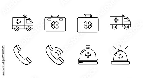 Medical emergency icons set including ambulance, first aid kit, emergency phone, and service bell with cross symbols, healthcare and urgent medical assistance vector line art