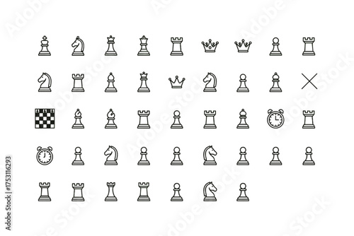 Minimalist Chess Icons Set, Chess Pieces Line Art including King, Queen, Bishop, Knight, Rook, Pawn, Chess Board, Timer, Strategy and Game Symbols Vector Illustration