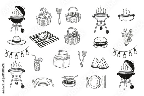 Hand Drawn Picnic and Barbecue Elements Set, Grilling, Food, Outdoor Cooking Tools, Summer BBQ Party, Picnic Baskets, Hot Dogs, Burgers, Corn, Beverage, Tableware, Lantern Lights