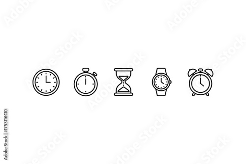 Set of Time Icons Clock Stopwatch Hourglass Watch Alarm Clock Line Art Vector Collection for Time Management, Deadlines, Schedule, and Timing Concepts