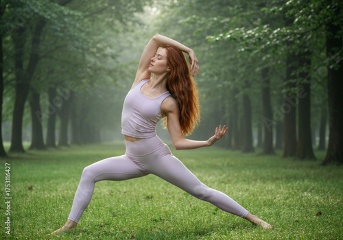 Vibrant redhead woman finds inner peace and strength through a graceful yoga warrior pose amidst the serene beauty of a sun-dappled green forest park