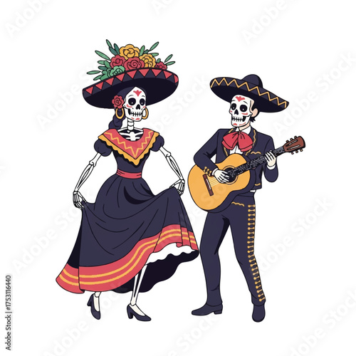 Illustration of a skeleton couple in traditional Mexican attire, with the woman wearing a colorful dress and floral hat, and the man playing a guitar, against a plain white background.