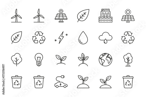 Renewable energy eco icons collection with wind turbines, solar panels, hydro power, recycling, plant growth, electric car, environmental conservation and sustainable green energy symbols