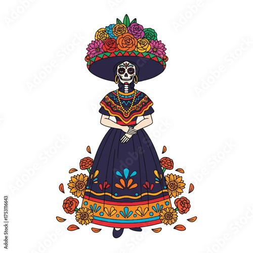 Illustration of a sugar skull woman wearing a colorful floral hat and traditional dress with intricate designs on a white background.