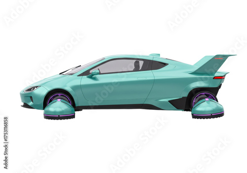 Futuristic turquoise car with hover wheels isolated on transparent PNG, concept vehicle for future transportation and innovative design