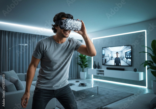 Man experiencing immersive virtual reality entertainment, engrossed in digital gaming or interactive content with an advanced VR headset in a modern home