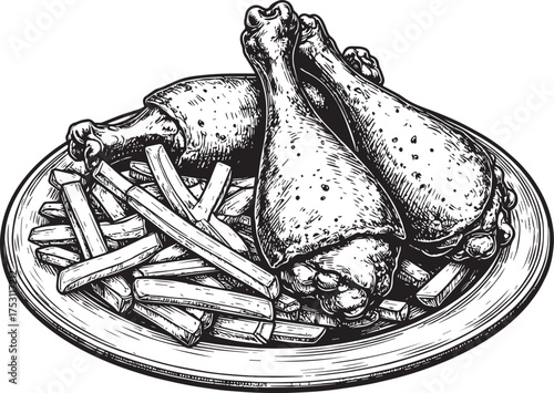 Fried chicken thighs with french fries hand drawn vector illustration