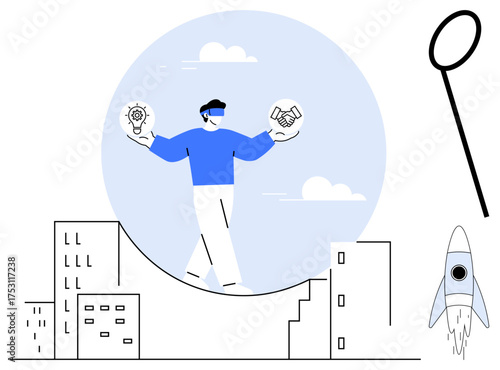 Man juggling creativity and partnership amidst cityscape, representing innovation, teamwork, technology, success, entrepreneurship, progress, and balance. Ideal for futuristic concepts minimalistic