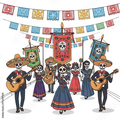 Colorful illustration of a mariachi band with skeleton musicians and dancers in traditional Mexican attire performing under festive papel picado banners.
