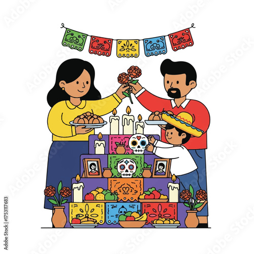 Illustration of a Latin American family celebrating Day of the Dead with a colorful altar and traditional decorations on a white background.