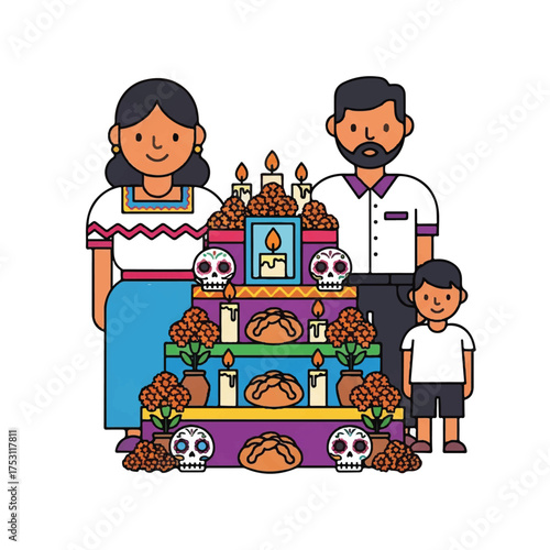 A cartoon family of three standing behind a colorful Day of the Dead altar with skulls and offerings on a white background.