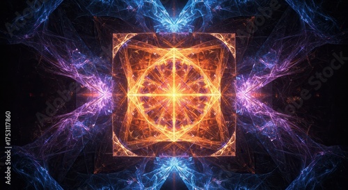 Stunning geometric fractal design with vibrant orange and blue hues creating a modern and ethereal atmosphere perfect for technology and innovative concepts