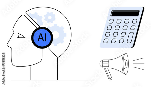 Human head with AI label and gears symbolizing technology, calculator for data accuracy, megaphone for communication. Ideal for AI, tech, innovation, computation, education, automation marketing