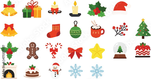 Festive holiday icons bring winter cheer with Christmas trees, gifts, and cozy treats, perfect for seasonal designs and spreading holiday joy