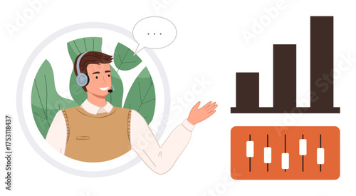Man wearing headset presenting data insights with a speech bubble, next to a rising bar chart and adjustable sliders. Ideal for communication, data analysis, growth, remote work, presentations