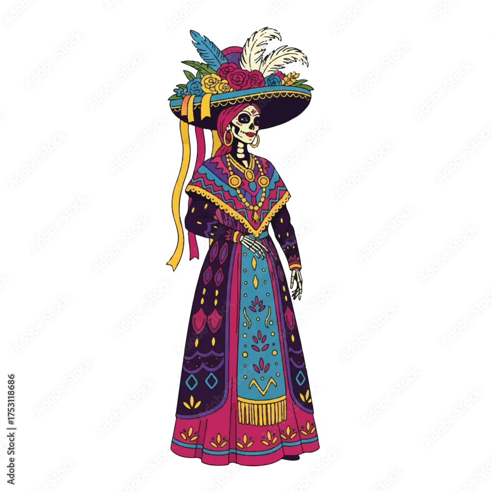 Fototapeta premium A colorful, ornately dressed skeleton wearing a traditional Mexican Day of the Dead costume with a large hat and vibrant dress.