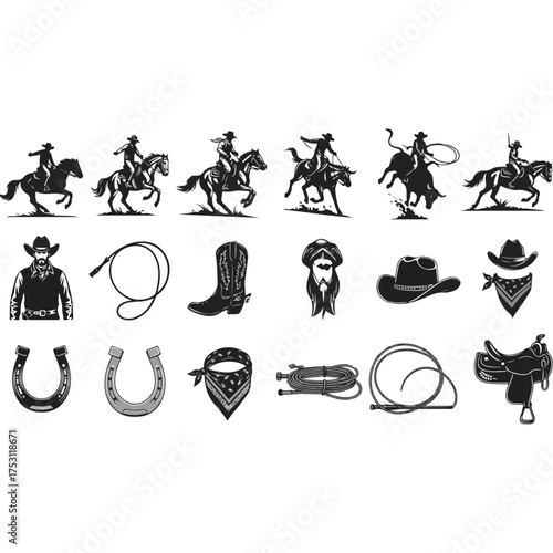 Cowboy themed illustrations featuring horses boots hats and other related items.