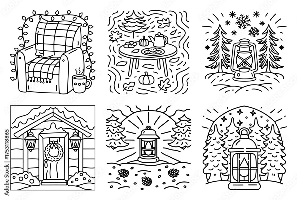 Fototapeta premium Cozy Armchair with Plaid Blanket String Lights Warm Drink Hygge Autumn Winter Comfort Home Decor Line Art Drawing