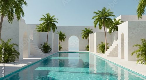 A stylized oasis with geometric layout and clear water
