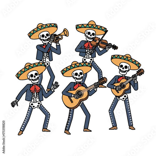 Cartoon illustration of five skeleton musicians wearing sombreros and playing musical instruments on a white background.