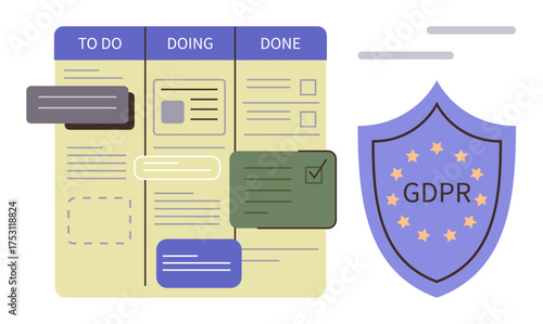 Task board with to-do, doing, and done sections alongside GDPR compliance shield. Ideal for workflow management, team collaboration, data protection, project planning, productivity, legal