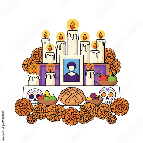 Illustration of a Day of the Dead altar with candles, offerings, and a framed photo in a vibrant, colorful setting.